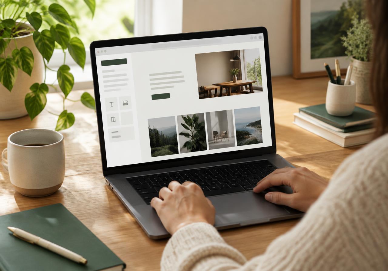 Ondernemer past op een laptop teksten en projectfoto's aan in een websitebeheeromgeving